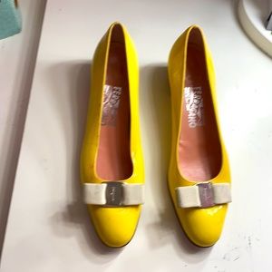 Butter yellow Ferragamo block heels